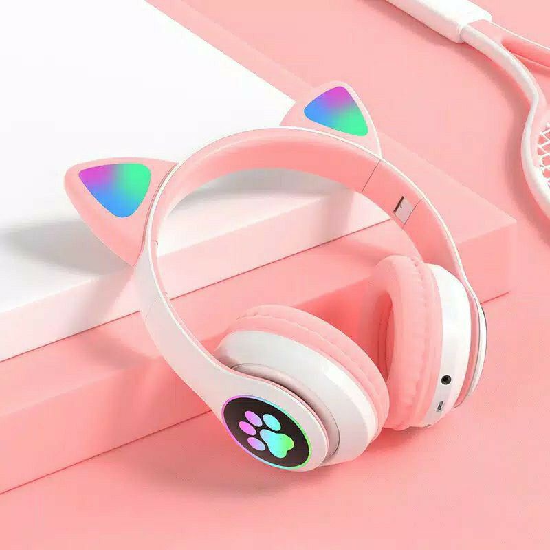 STN28 Headset Headphone Bluetooth Wireless STN 28 JUMBO Macaron Model Bando Telinga Kucing LED RGB