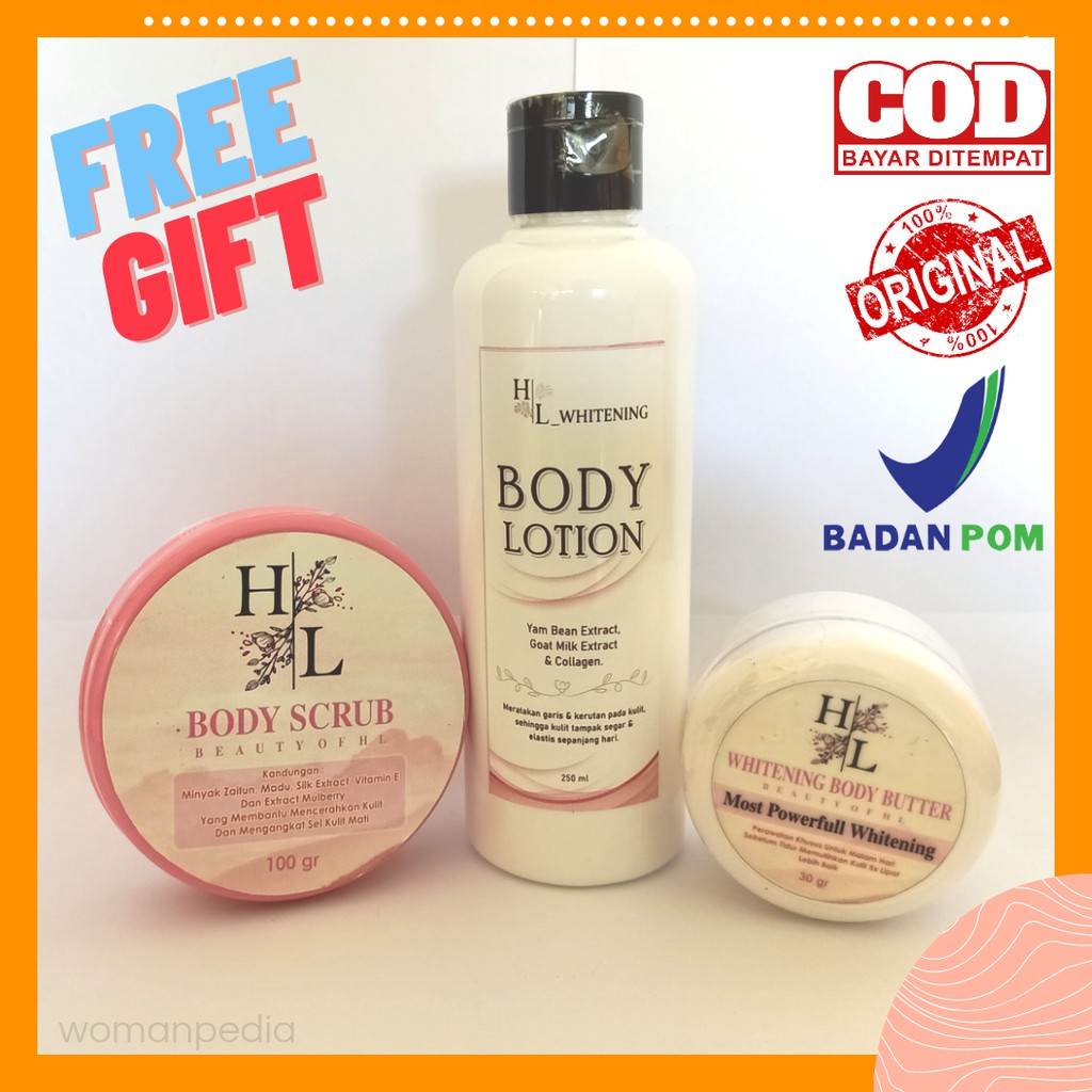 HL Whitening Paket Perawatan dan Pemutih Badan isi Body Scrub Butter Lotion BPOM Original
