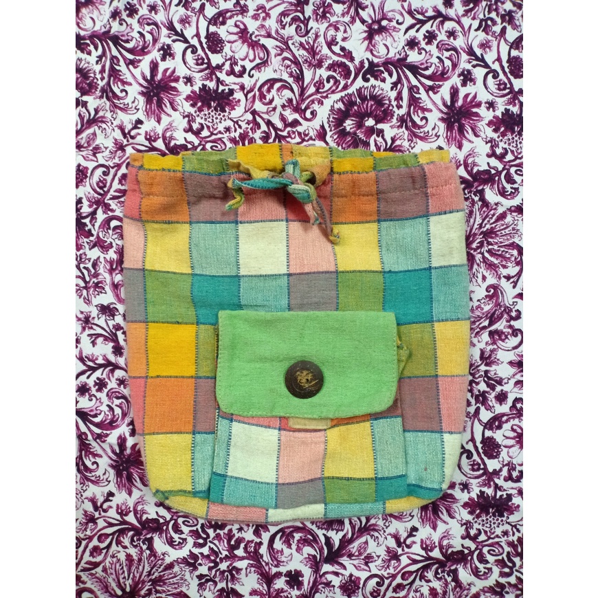 Tas Ransel Wanita Motif Kotak Kain Diserut Murah 28x27x7