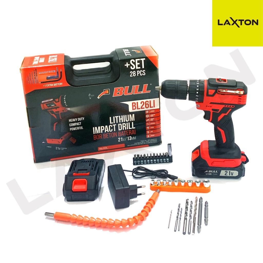 BULL Mesin bor baterai tangan cordless drill cas BL26LI 13mm 28pcs