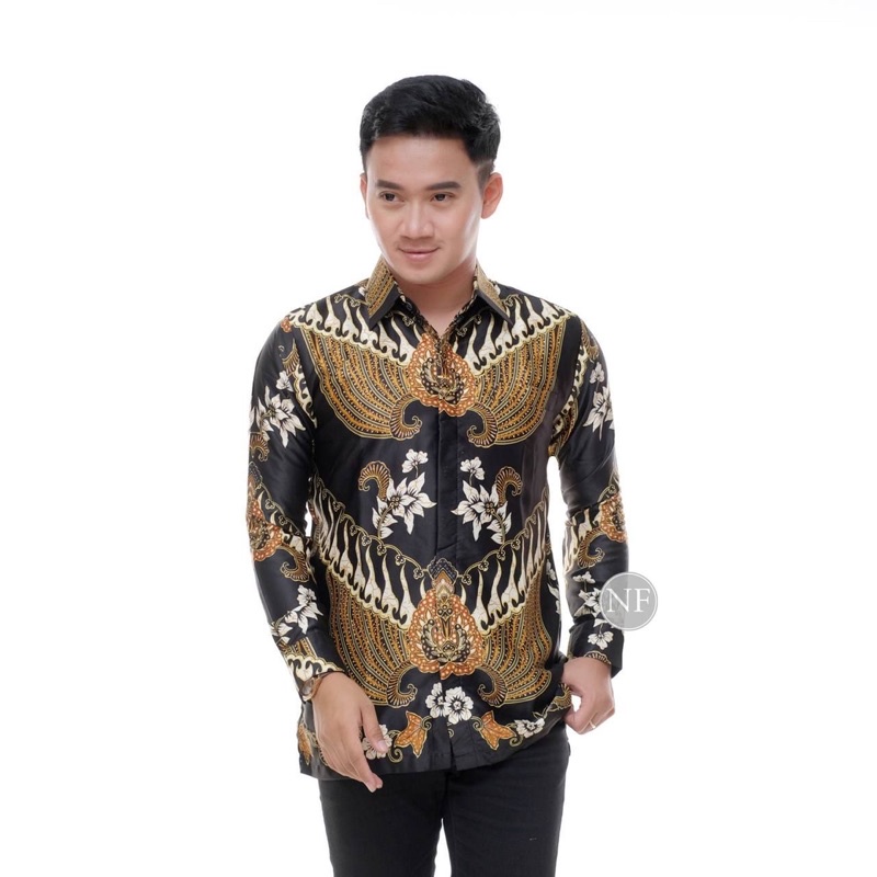 KEMEJA BATIK SEMI SUTRA SILKY PREMIUM BERFURING LENGAN PANJANG  CLASIK SUTRA XXL  FASHION BATIK PRIA