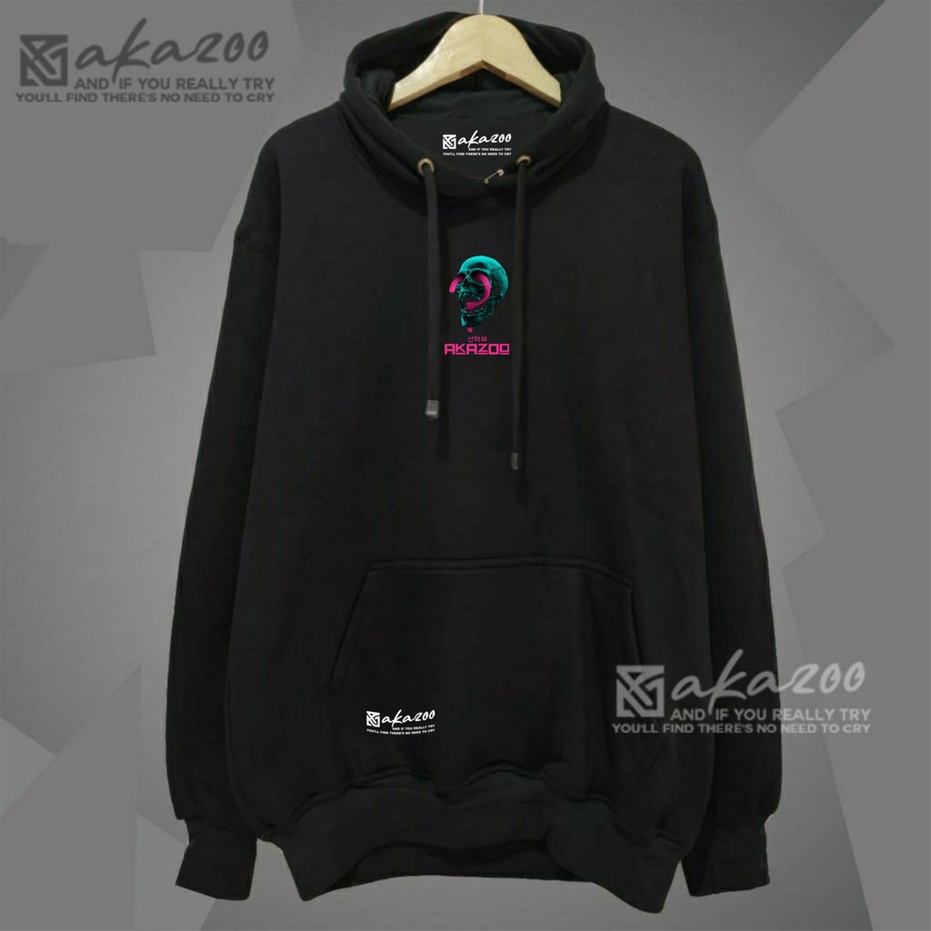 hoodie cowok oversize korean style AKAZOO warna hitam GAMBAR KEPALA TENGKORAK AKAZOO sablon putih