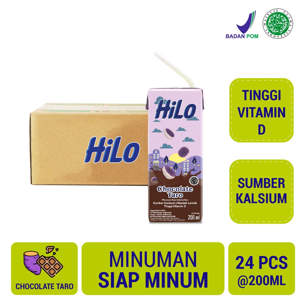 

1 Karton - HiLo Chocolate Taro RTD 200ml (24 tetrapack) - Minuman Sumber Kalsium Rendah Lemak