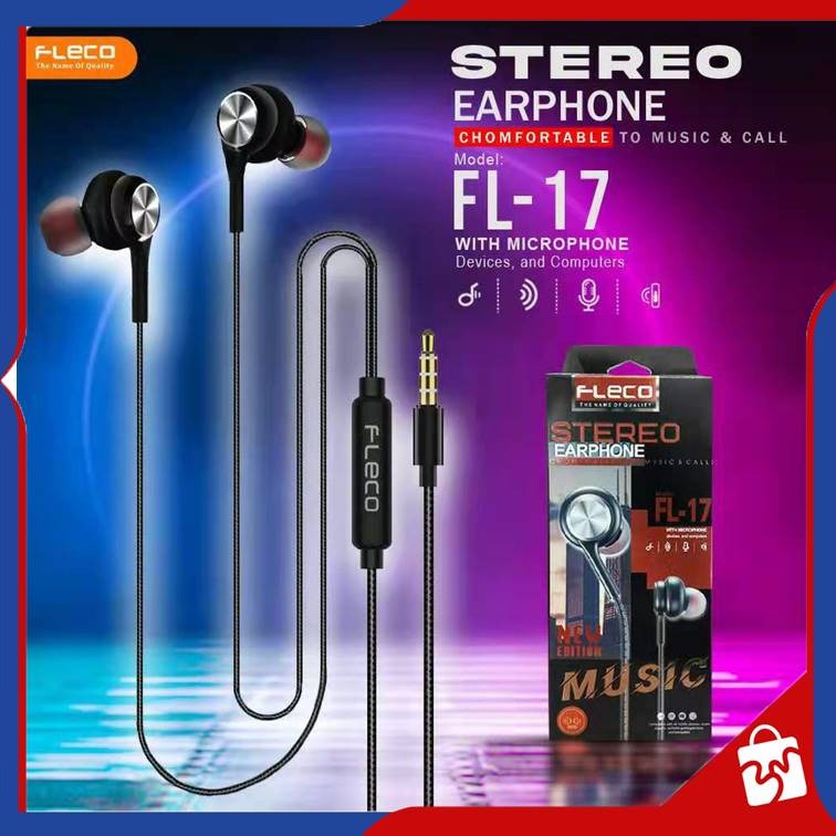 Headset Handsfree FLECO FL-17 Stereo Music Earphone Extra Bass Black Edition