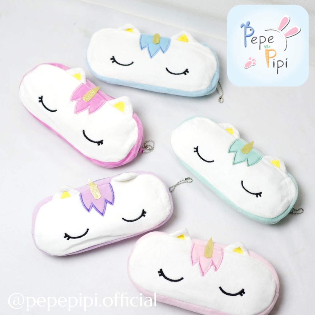 Kotak Pensil Plushy Unicorn Pastel Tempat Pensil Plush Wadah Pensil Kostak Pouch Makeup Kosmetik-Putih