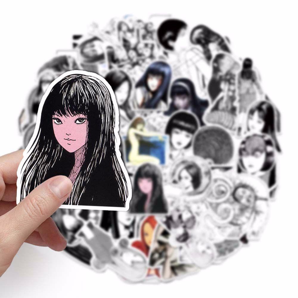 Needway  Kids Gift Horror Comic Sticker Waterproof Decorative Stickers Kawakami Tomie Sticker Cartoon Character Graffiti Stickers Stationery Sticker Black and White Car Stickers 50pcs/pack Anime Stickers