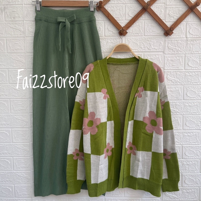 One Set Zafara Cardigan Rajut OVERSIZE Wanita Motif Kotak Bunga / Atasan Rajut Premium Wanita  Murah