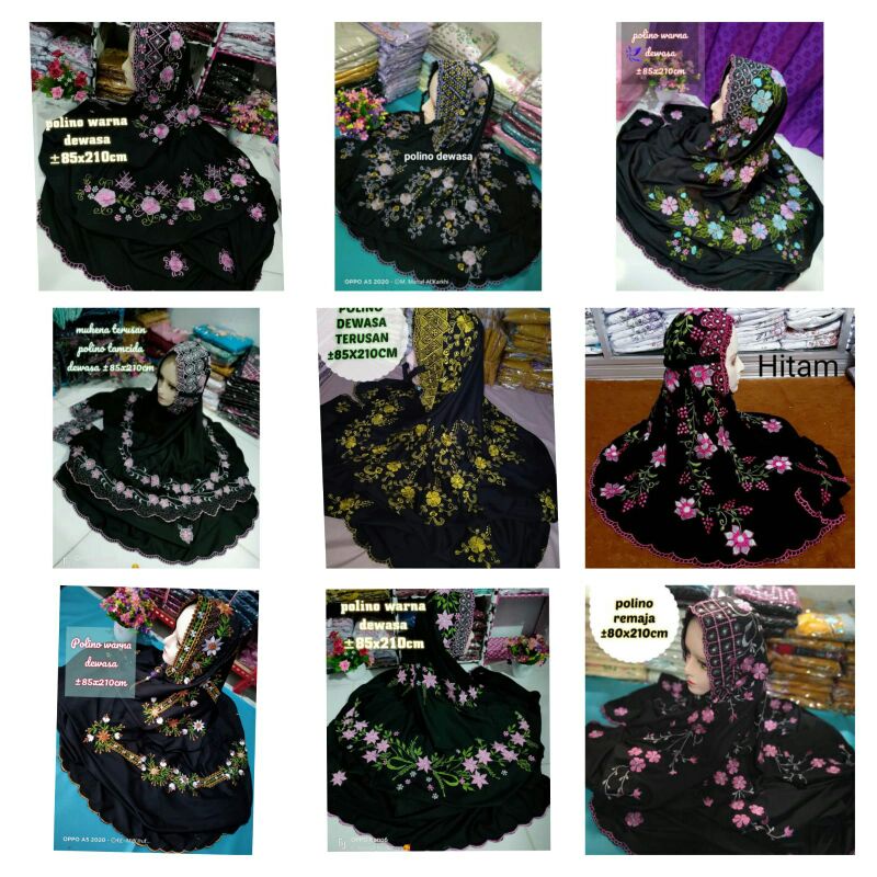 MUKENA POLINO SILK GRADE AAA TERUSAN LAJURAN HITAM BORDIR BISA REQUEST BORDIR SANTRI PREMIUM LEMBUT 