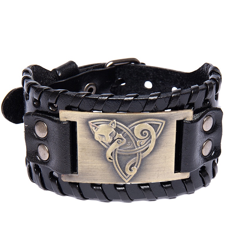 [Z H Perhiasan] Hip Hop Rock Retro Pria Fashion Stainless Steel Viking Fox Rune Gelang Kulit Pesta Perhiasan Aksesoris