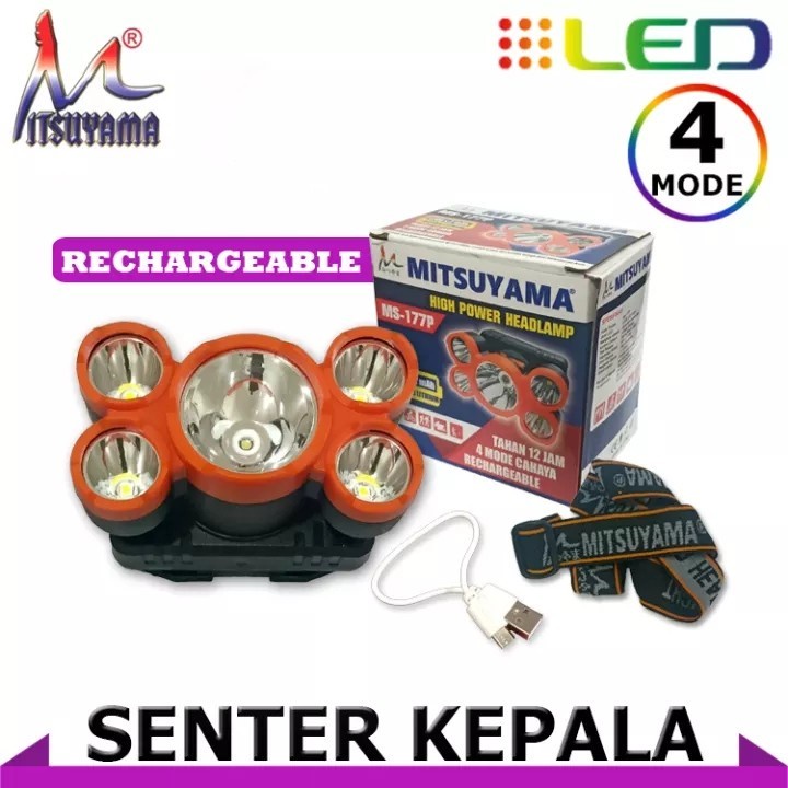 COD SENTER KEPALA MITSUYAMA MS-177P TAHAN 12 JAM 4 MODE CAHAYA RECHARGEABLE HIGH POWER HEADLAMP