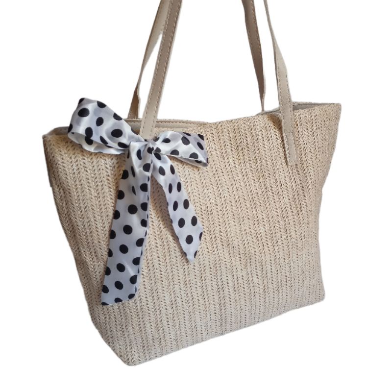 Tas Anyam Pita Polka TW220 Large Capacity Rajut Jerami Etnik Unik Woven Straw Shoulder Bag