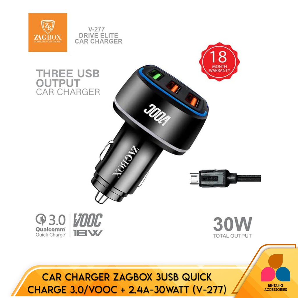 Charger Mobil Car Charger ZAGBOX 3 Port USB Quick Charge Qualcomm 3.0 VOOC 2.4A 30Watt V-277