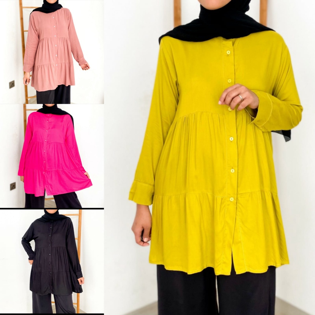 Baju Atasan Lovita Tunik Polos Kancing Katun Rayon Crinkle Premium Fashion Wanita Remaja Muslim Leng