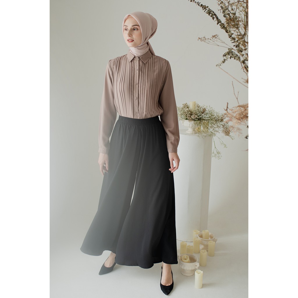 Kaluna by Aska Label - Atasan wanita kemeja plisket lengan panjang dengan manset warna abu taupe, pink mauve, hitam black