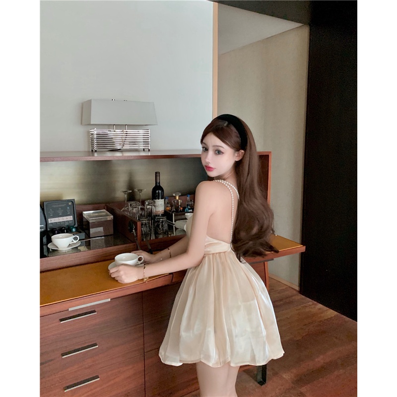 Suhao Organza Sling Dress Wanita Perancis Kecil Manis Putri Rok Ketat A-Line Rok