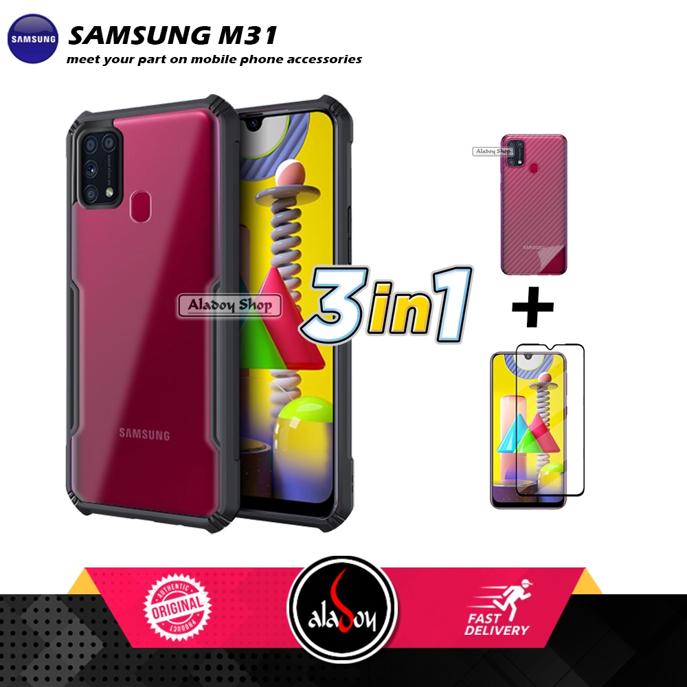 Case SAMSUNG M31 Armor Fushion Transparent Casing + Tempered Glass Full Layar dan Skin Carbon