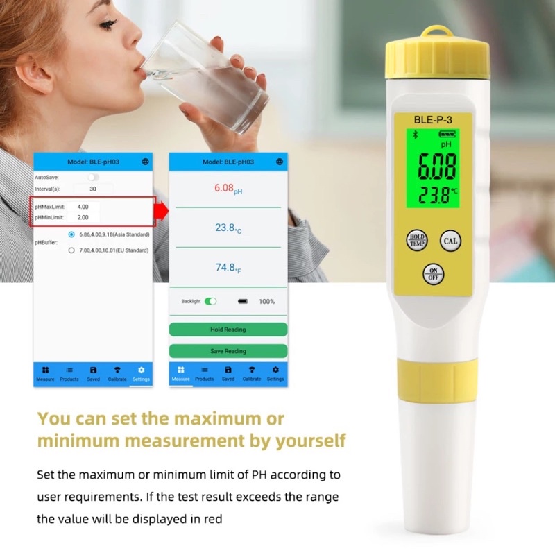 2 in 1 Bluetooth App Ios Android PH Meter Air + Suhu Digital BLE-P-3