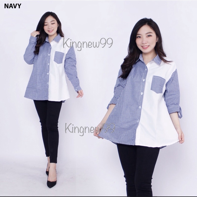 KEMEJA WANITA/ KEMEJA KOTAK KOMBINASI PUTIH SIZE XL/ XXL-Biru