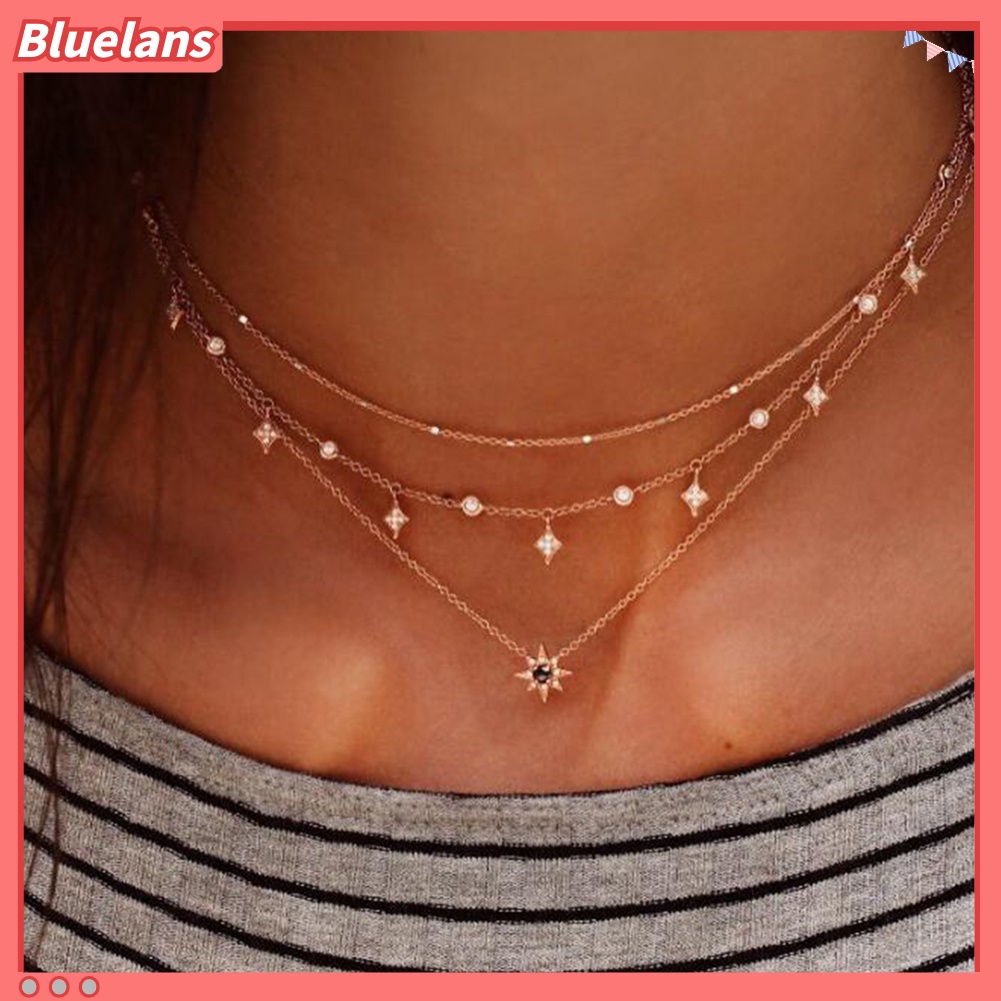 Bluelans Women Multi Layer Rhinestone Inlaid Star Pendant Chain Necklace Jewelry Gift