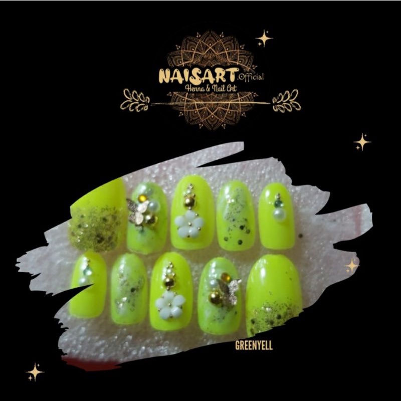 Nail art kuku palsu warna hijau lime stabillo untuk pesta, lamaran, praweding, wedding dan lainnya