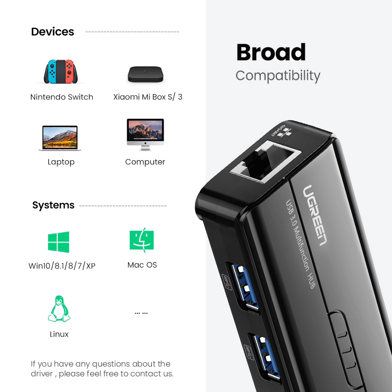 【Stok Produk di Indonesia】Ugreen Adapter usb hubJaringan LAN Ethernet USB 3.0 1000Mbps Untuk xiaomi mi box Mac OS Chromebook Nintendo Switch Windows 10 Laptop