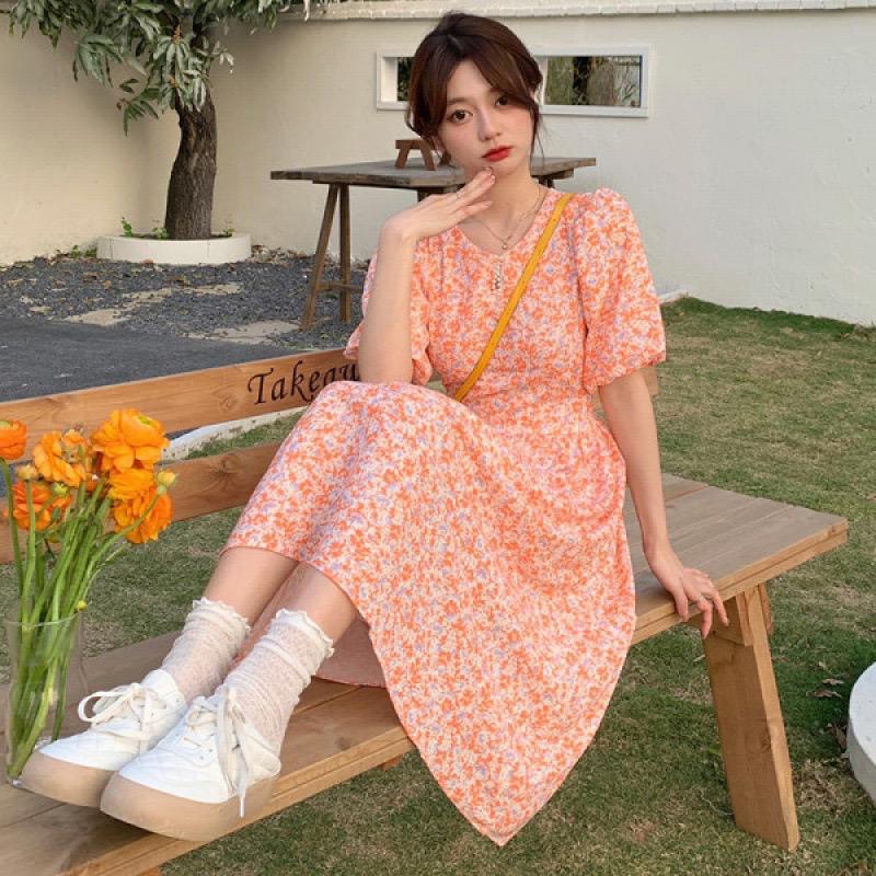 [littlecrab] Dress Bunga Oren Aesthetic Orange Flower Long Dress With Pearl Dress Panjang Model Tradisional Simple Elegan Berkualitas Korean Style Chinese Modern Dress Lengan Pendek Model Bunga Bunga Simple