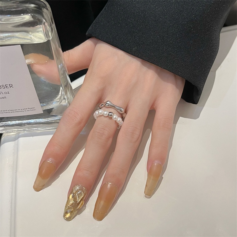Cincin Model Terbuka Desain Asimetris Aksen Mutiara Ganda Untuk Wanita