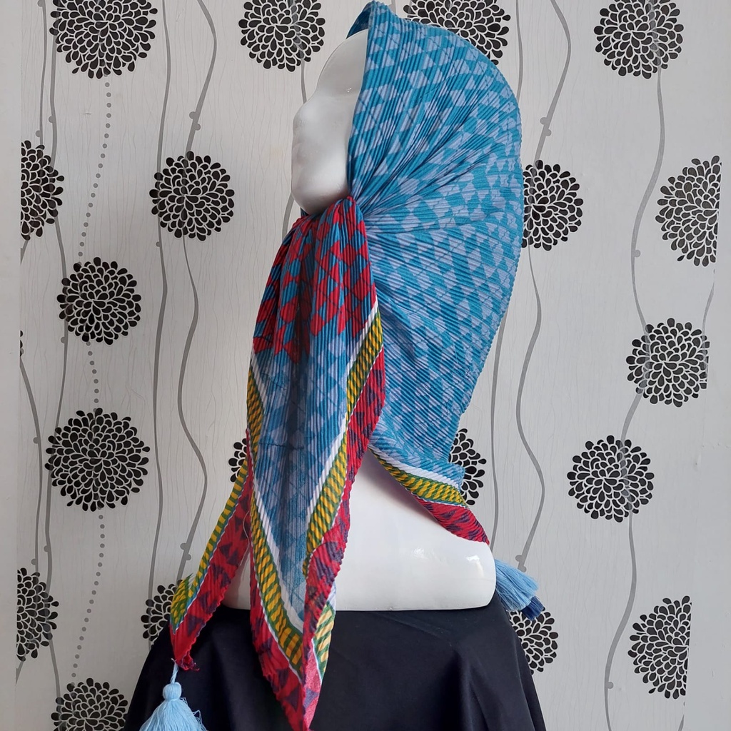 Krudung Segi Empat Plisket Motif Kekinian/Kerudung Segi Empat plisket hijab terbaru th 2021/Jilbab B