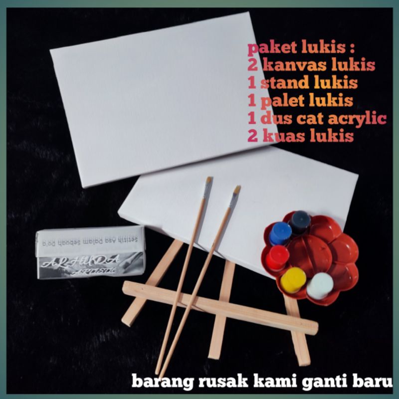 

paket melukis / kanvas lukis 20x30 2pcs / palet 1 / kuas 2 / cat acrylic 5warna / easel 1buah / perlengkepan seni melukis anak lengkap canvas satu set alat menggambar kado hadiah souvenir ultah ulang tahun mainan edukasi anak cnvas kanfas kanpas canfas