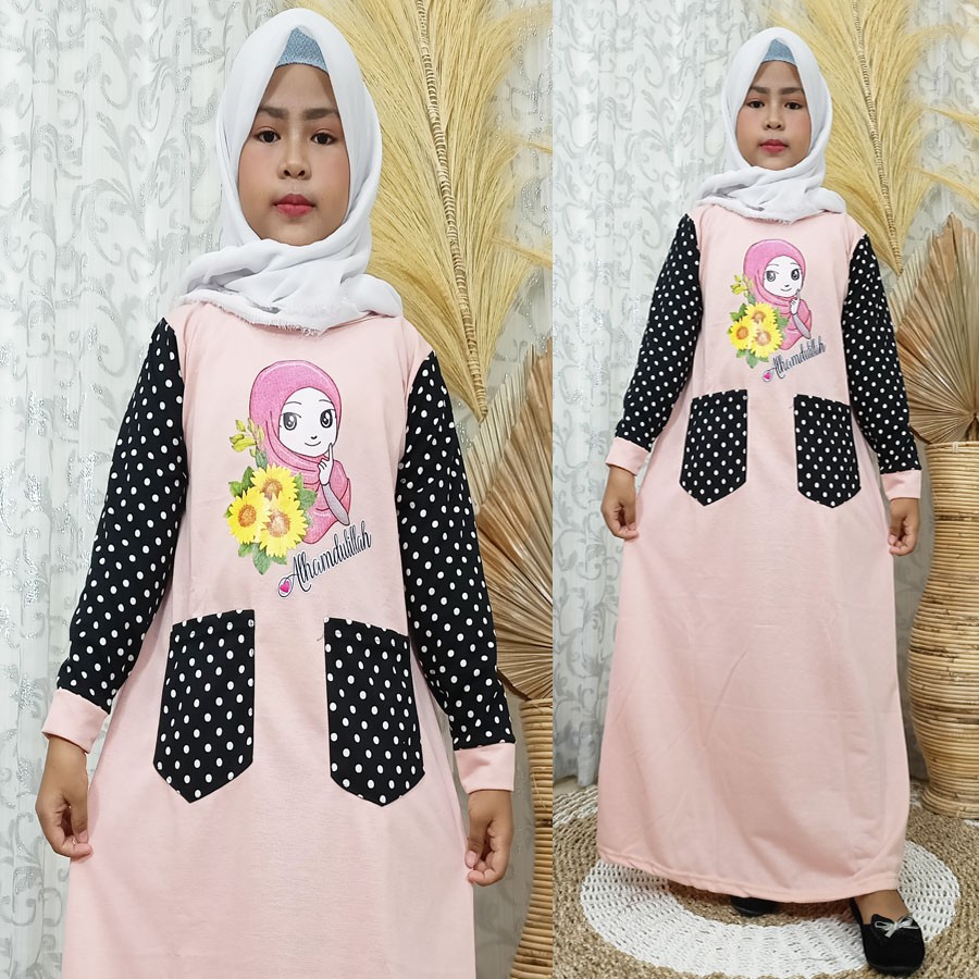 GAMIS ANAK 2 KANTONG ALHAMDULILLAH DRESS KIDS 4-12tahun CARLINA