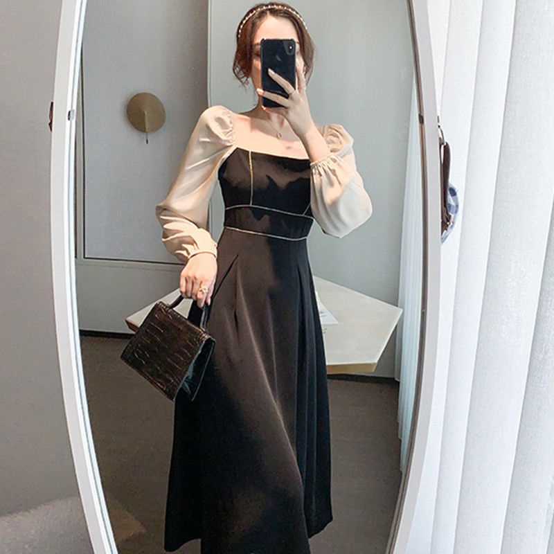 #50 Dress Tunik Pesta Wanita Lengan Panjang Motif Lis Putih Dan Lengan Two Tone (S/M/L/XL/XXL)