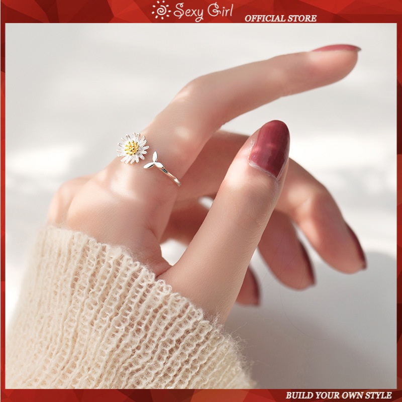 Cincin S925 Silver Gold-plated Model Terbuka Bentuk Daun Daisy Kecil Gaya Korea Untuk Wanita