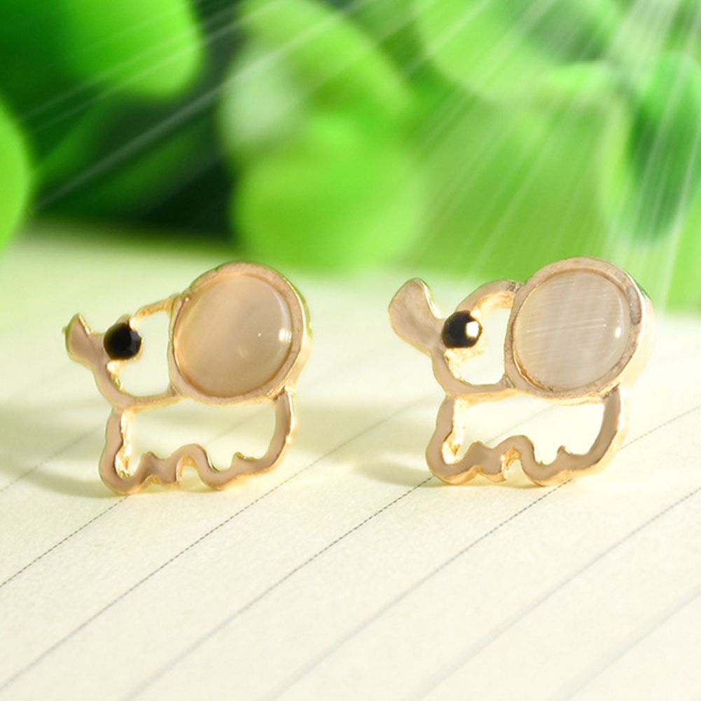 Anting Stud Bentuk Gajah Model Hollow Aksen Opal Tiruan Untuk Wanita