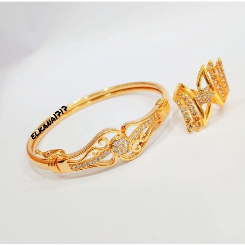 Set gelang Bangkok +cincin Dubay permata zircon lapis emas24k Anti karat termurah