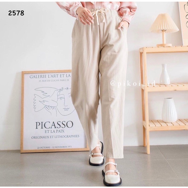 Celana putih murah / jogger pants tali katun linen / celana joger panjang celana panjang santai 2578