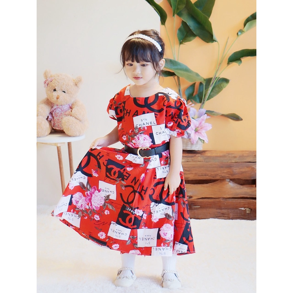 Promo !! Dress anak cewek import / dress flower much chanel uk 3-7th (Pink,Kuning,Navy,Dusty,Merah)