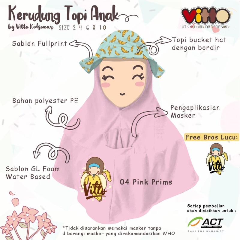 Kerudung Topi Anak Vitto Kidswear 2-10 Tahun Masker Topi Free Bross Lucu