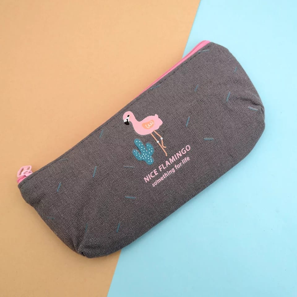 Tempat Pensil Sekolah Kanvas Stylish Simple Import Kotak Pensil Motif Aesthetic Resleting Bisa Untuk Alat Tulis Makeup-Abu Flamingo