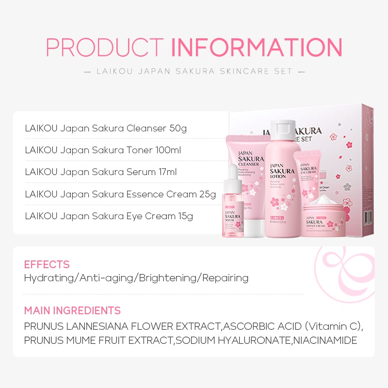 Free Gift LAIKOU Sakura Brightening Serum Cream Menghilangkan Bintik Gelap Toner Memudar Noda 5pcs