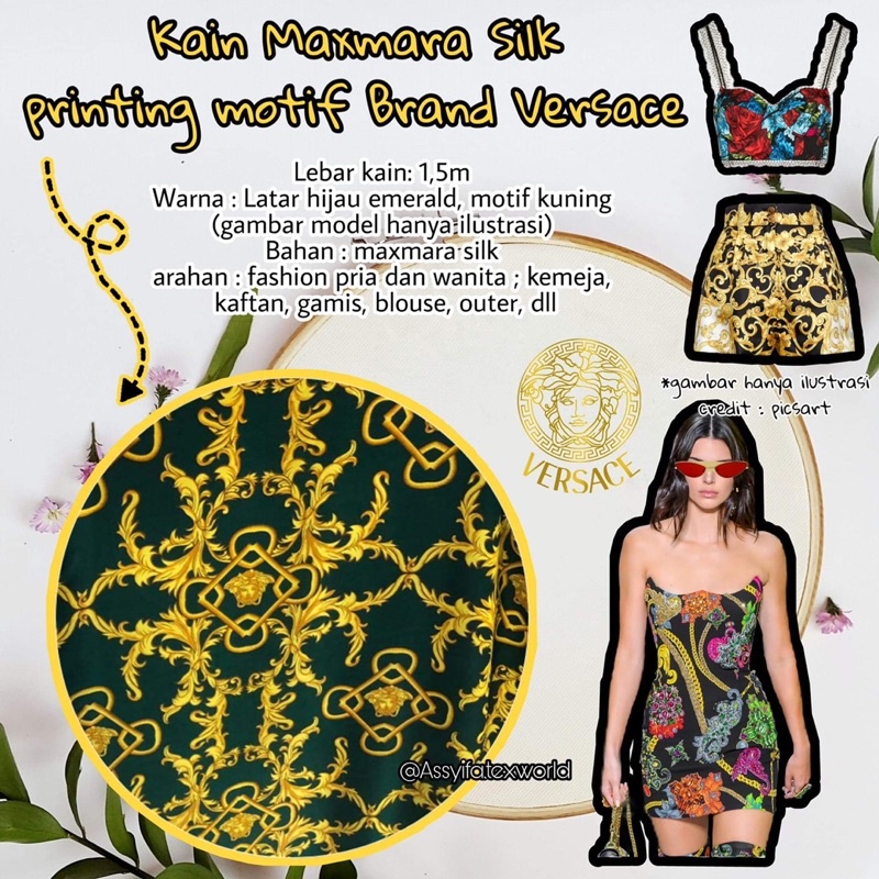 kain polyester maxmara silk saten printing motif brand versace hijau emerald putih 1