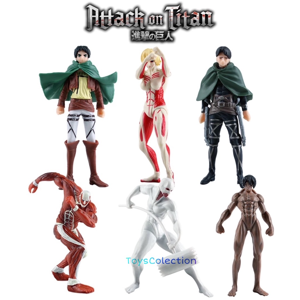 ACTION FIGURE ATTACK ON TITAN EREN LEVI ANNIE TITAN COLOSSAL SET 6 PCS TOPPER CAKE MAINAN PAJANGAN H