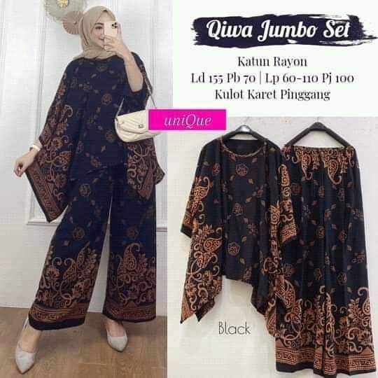 Qiwa Jumbo Set - One Set Jumbo Wanita Rayon Premium Setelan Celana Kulot Jumbo Batik Kekinian