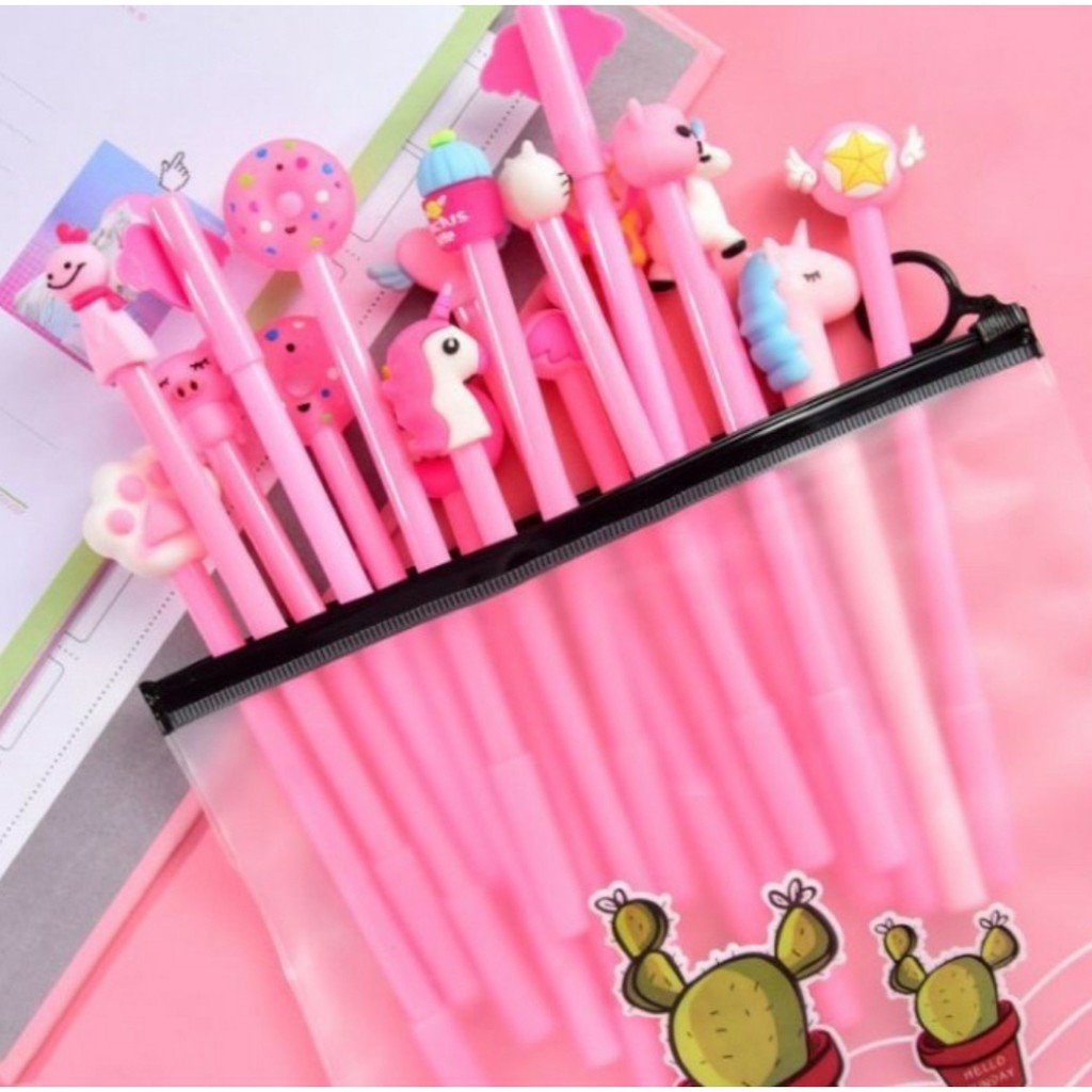 20 Pcs PAKET PULPEN Pena Set Gel Karakter Cartoon GRATIS POUCH ZIPPER GHM