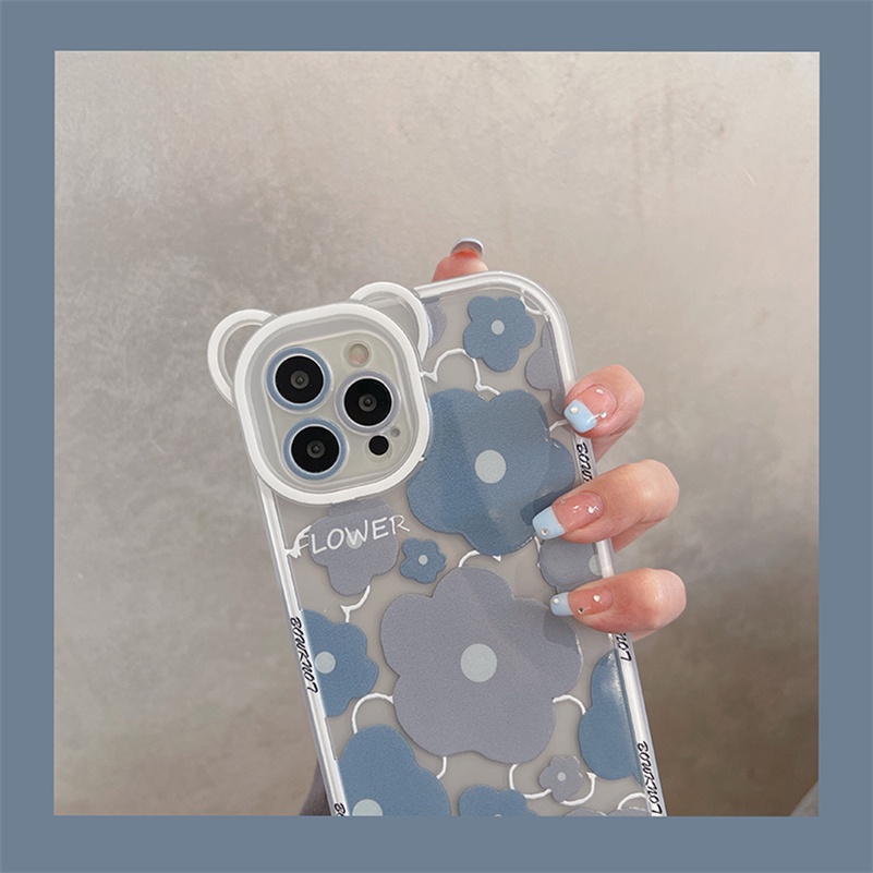 Soft Case Silikon Motif Bunga / Beruang Untuk Compatible for iPhone 14 13 12 11 Pro Max X Xr Xs Max SE 2020 8 7 6 6s Plus handphone Case murah Blue-gray Flower Phone Case Bear Ears All-inclusive Lens Clear Silicone Shockproof Phone Back Casing Cover