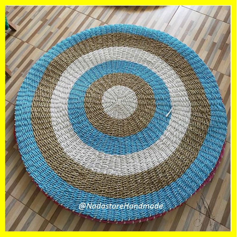 Rug natural biru mint 120 cm / karpet anyaman bulat / karpet lantai biru 6 lingkar