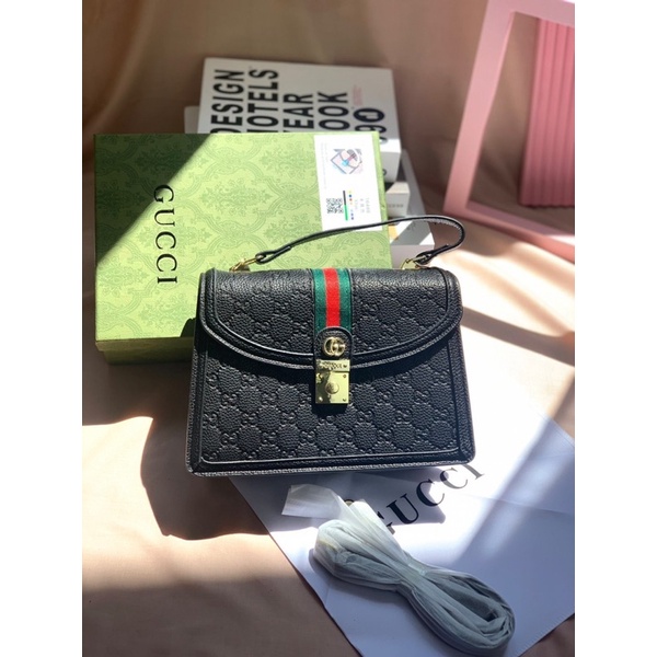 Tas Kulit Selempang Wanita GC Leather Piyo Top Handle Slingbag Premium Import, Hitam Black Putih Whi