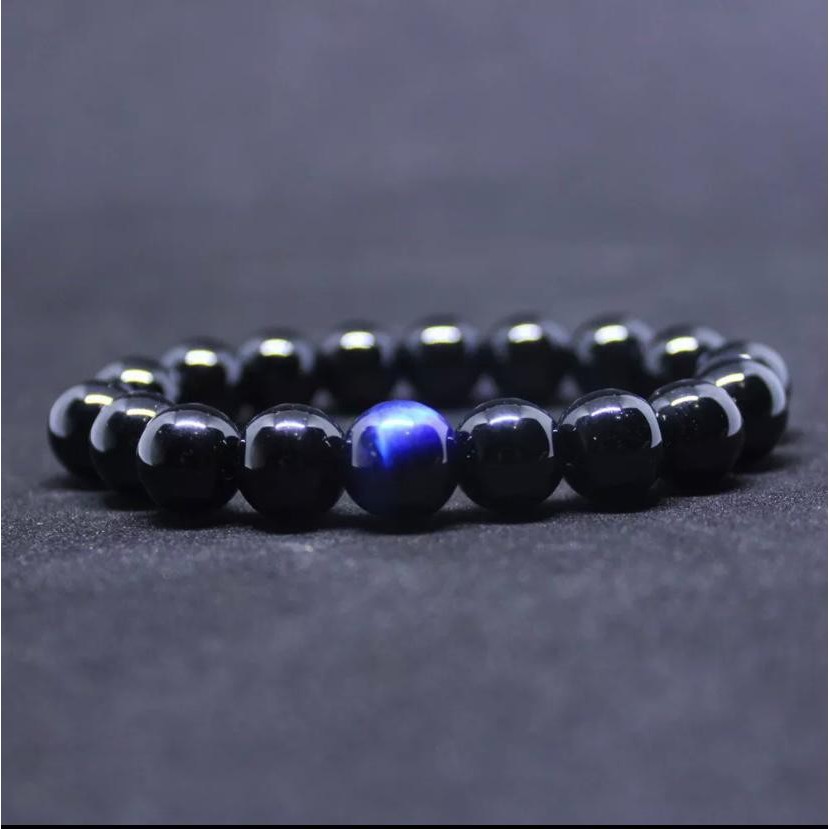 [Bayar di Tempat] Gelang Pria Batu Giok Hitam Kombinasi Batu Tiger Eye Biru Super Keren