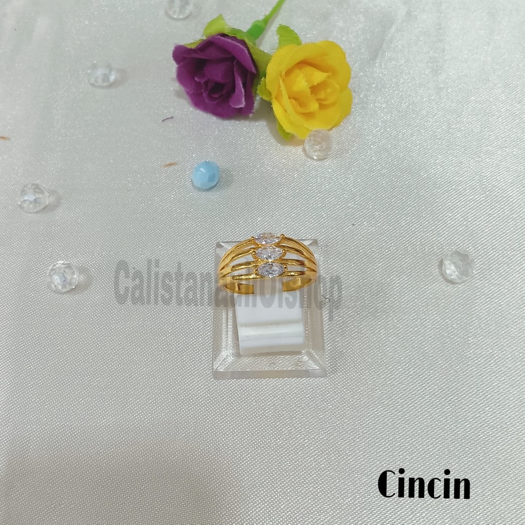 GELANG+CINCIN SISIK PLAT MATA TIGA OVAL TRIO PERHIASAN EMAS  KOREA ANTI KARAT DAN ANTI LUNTUR