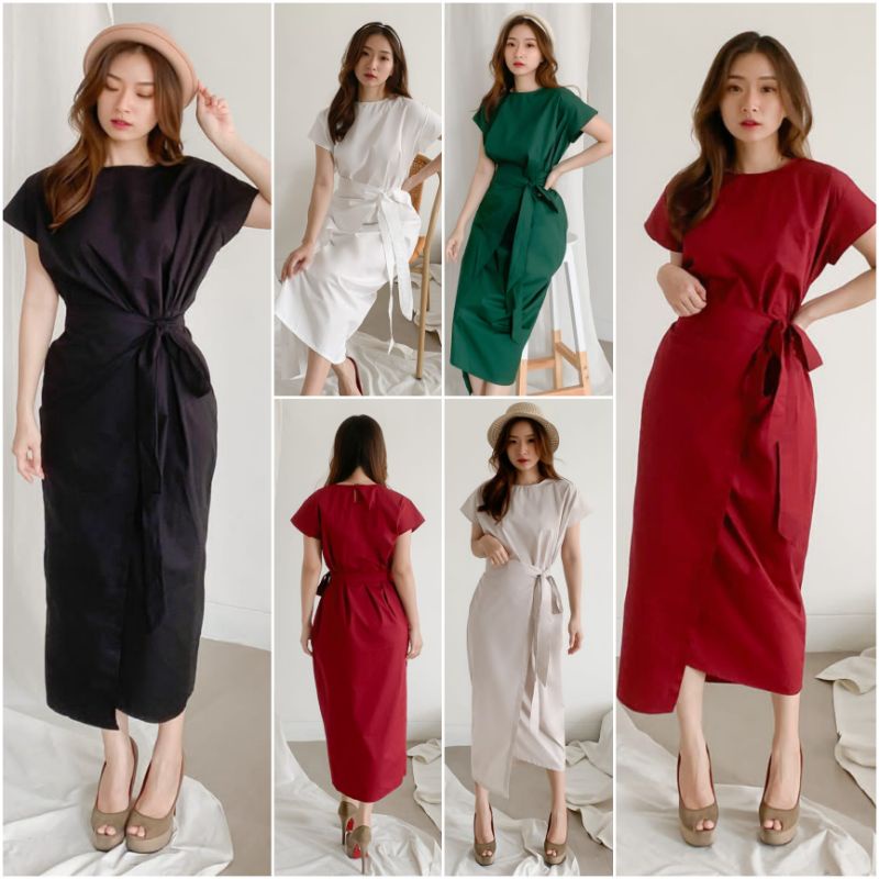 ❣️ SPECIAL PRICE ♡ PREMIUM ♡ ORIGINAL ! SNOWIE PLAIN APPRON WRAP SIDE TIED MIDI DRESS