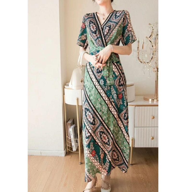 12345 Baju dress Midi lengan pendek  model kimono leher kerah segitiga Vi neck Baju dress panjang le